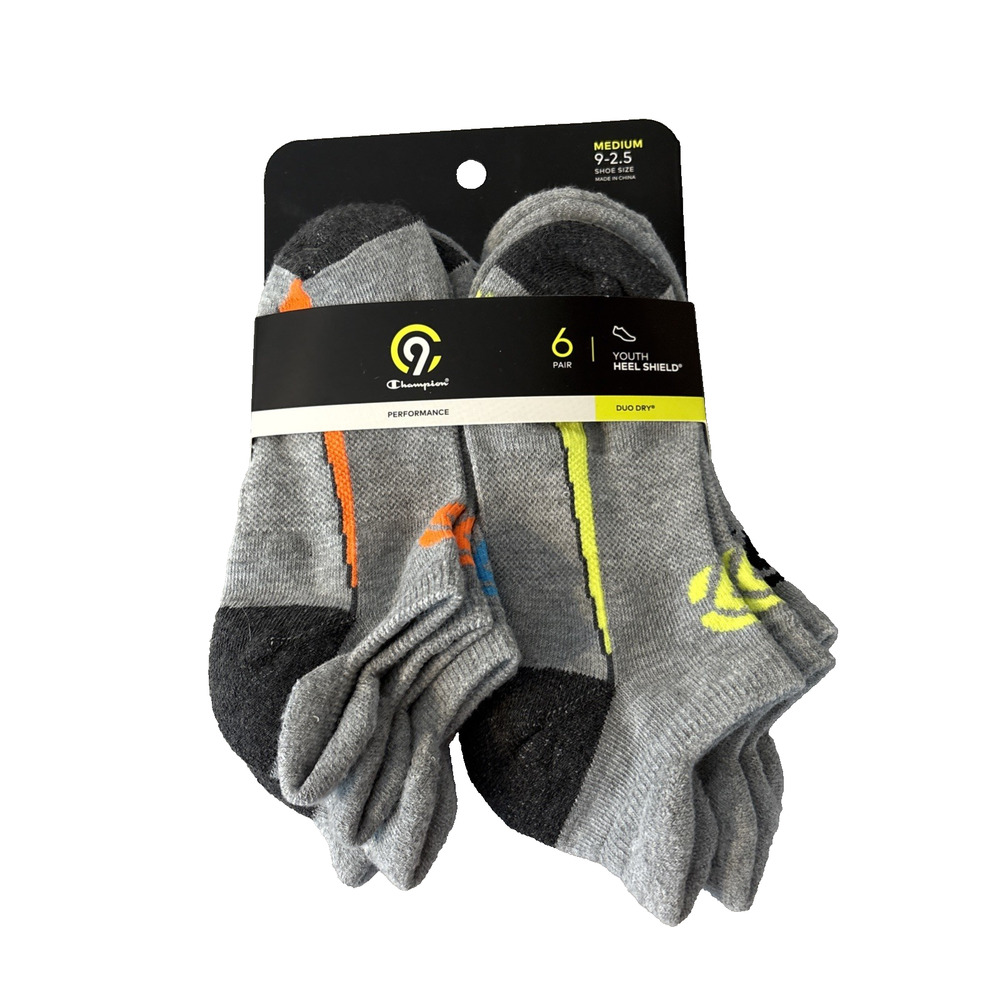 C9 Champion Boys Youth Heel Shield Duo Dry Gray, 6 Pairs, Shoe Size 9-2.5 (M)